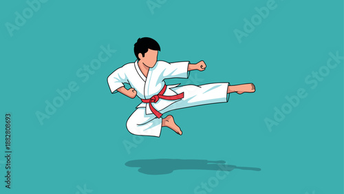 Karate athlete performing high kick in dynamic pose on teal background