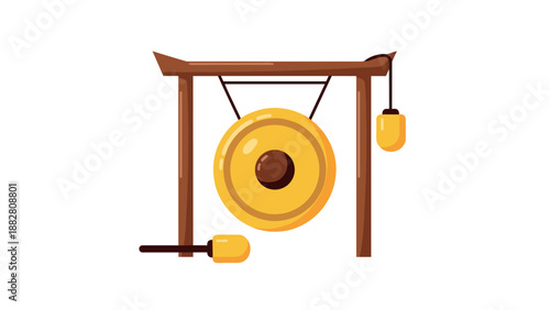 Golden gong with stand and mallet in minimalistic design on white background