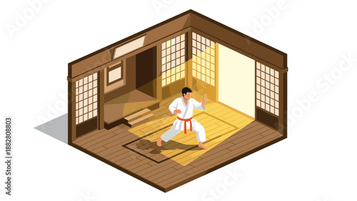 Isometric karate training room with martial artist practicing inside traditional dojo