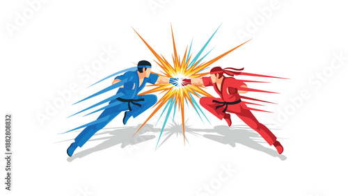 Dynamic martial arts combat: blue and red fighters clash with explosive energy