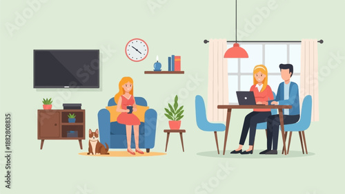 Domestic scene with people working and relaxing with pet
