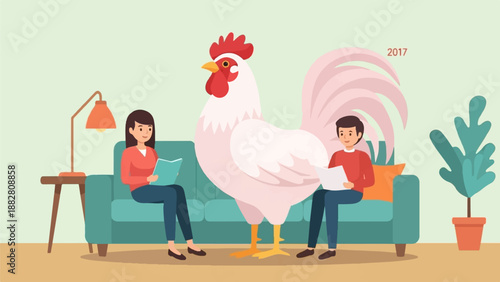 Domestic scene with two people reading on a sofa and a giant rooster