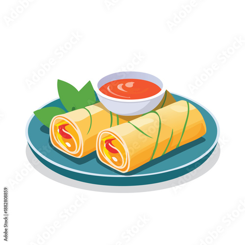 Delicious spring rolls with dipping sauce on a plate from an overhead view