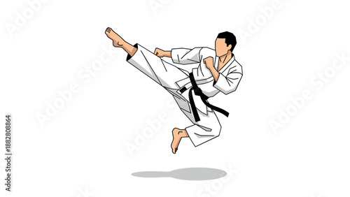 Karate master delivering high kick in dynamic pose on white background