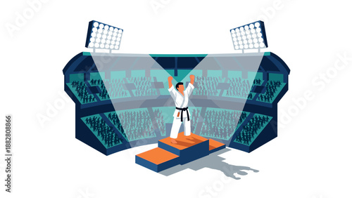 Champion martial artist celebrates victory on podium in modern arena