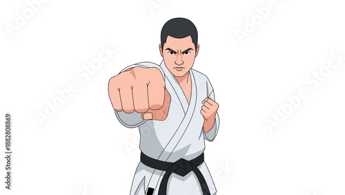 Karate fighter in action pose with focused expression in dynamic anime style