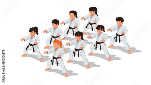 Isometric martial arts group practicing karate movements in white uniforms