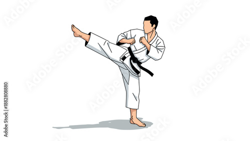 Karate martial artist performing kick in white gi against white background