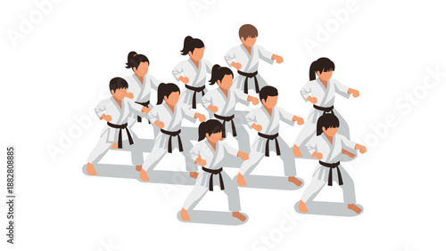Isometric group karate practice with multiple participants in white gis