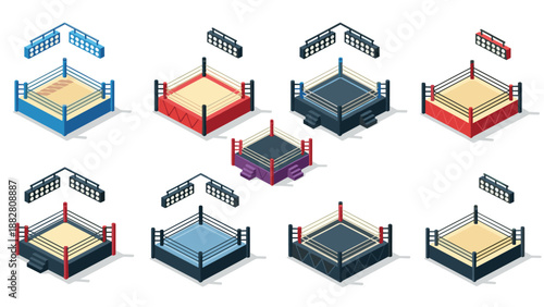 Diverse isometric boxing rings set with different colors and styles
