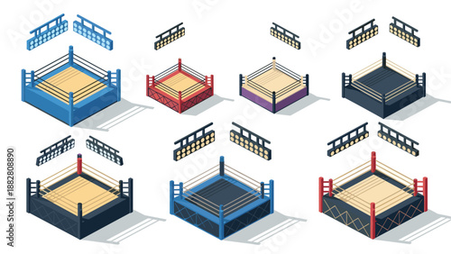 Isometric boxing rings set with shadow effect in various colors