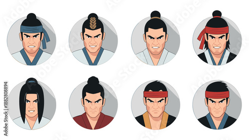 Circular portraits of samurai warriors with unique hairstyles