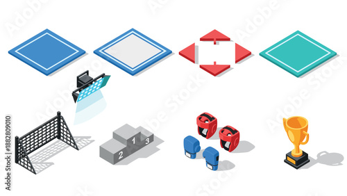 Isometric sports elements with goal, trophy, gloves, and more in flat design