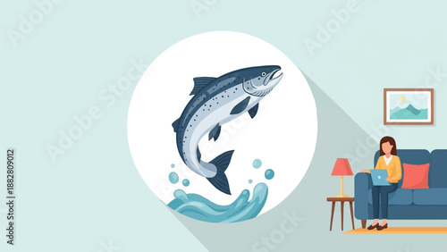 Dynamic fish leaps from water splash; person works on laptop at home