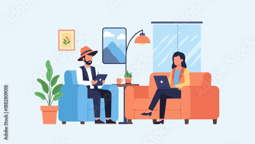 Diverse individuals collaborate in a modern home office setting