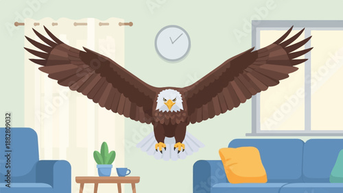 Eagle flying indoors over furniture and plant in a room