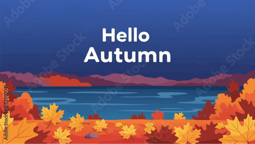 Festive autumn scene with colorful foliage, a serene lake, and distant mountains under a deep blue sky