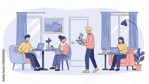 Diverse individuals collaborate remotely from home, utilizing technology