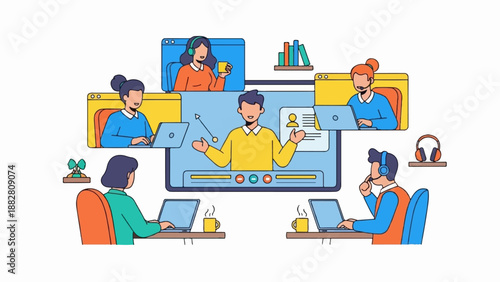 Diverse individuals collaborate remotely on digital platforms, attending online meetings and classes