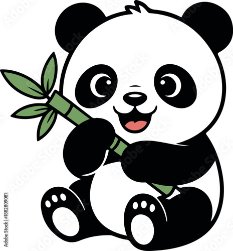 A cute panda bear happily holding a bamboo stick while sitting in a relaxed pose