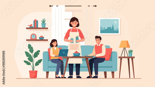 Family gathered in living room with a woman in apron serving