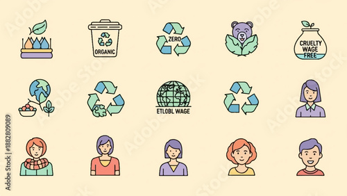 Eco-friendly icons recycling, earth, produce, people, and cruelty-free symbols