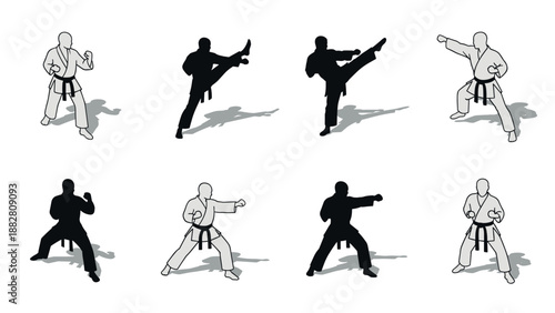 Silhouette and outline martial arts poses: dynamic karate stances