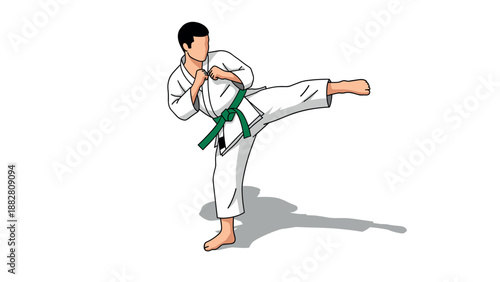 Martial artist in karate kick with green belt on white background