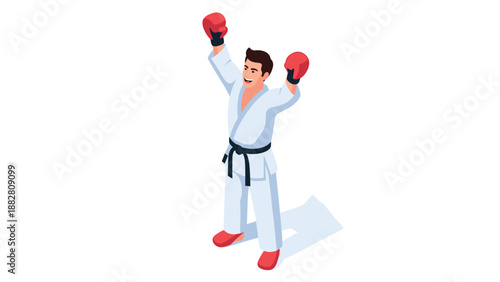 Isometric martial artist celebrating victory in boxing gloves