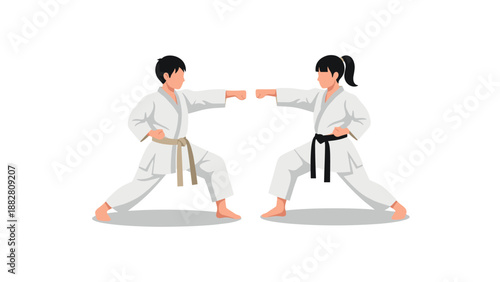 Karate training duo practicing martial arts techniques in white gi