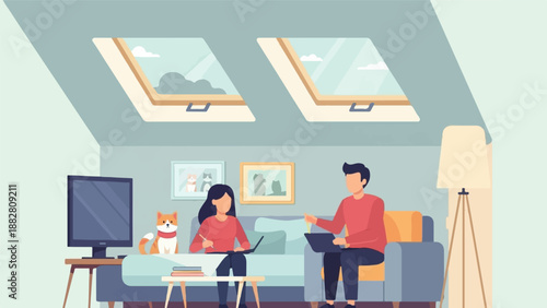 Cozy attic interior with people and pets working, relaxing indoors