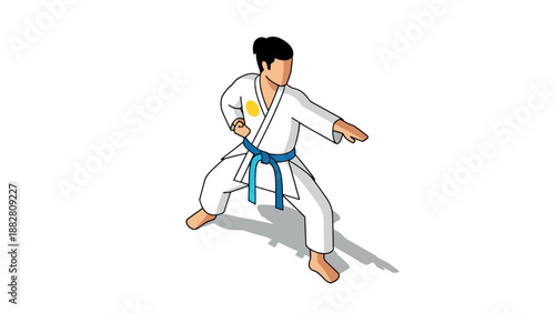 Karate martial artist in dynamic pose with blue belt and white gi on white background