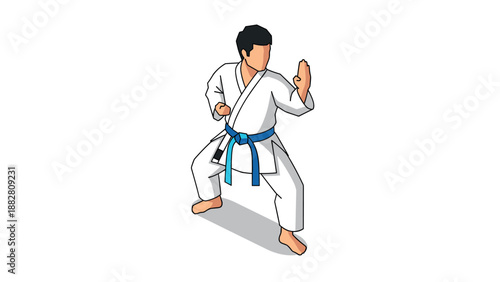 Martial arts pose with blue belt in isometric style perfect for training guides