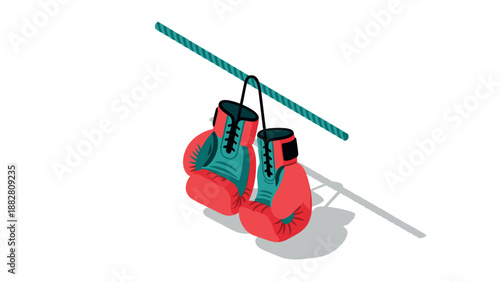 Isometric boxing gloves hanging on rope with shadow in minimal style