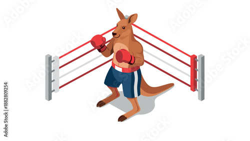 Isometric boxing kangaroo in a ring with gloves and boxing attire