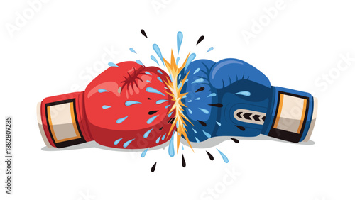Dynamic clash of red and blue boxing gloves with splash effect