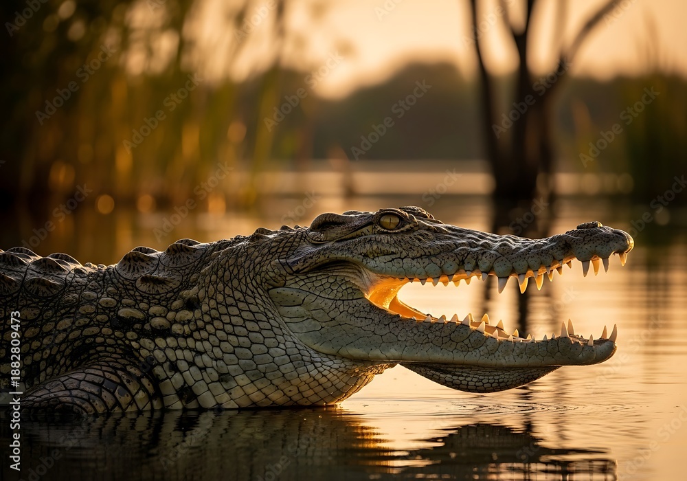 Obraz premium Crocodiles Open Mouth in Golden Light - A Wildlife Encounter.