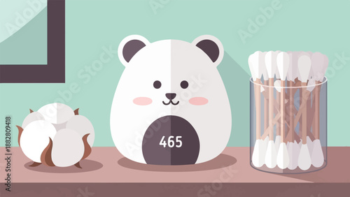 Cute cartoon bear with cotton and cotton swabs on a shelf