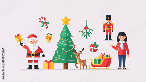 Festive characters and symbols celebrate the winter holiday season with joy