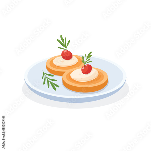 Delicious pancakes topped with cream and cranberries on a clean white plate viewed from above