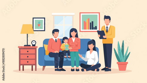 Family gathered indoors, receiving consultation from a professional