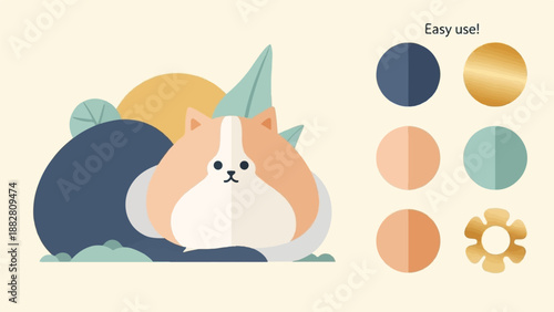 Cute cartoon cat amidst abstract shapes, with a color palette and gear icon