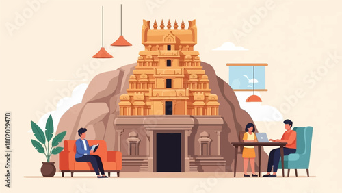 Diverse individuals engage in work and leisure near a grand temple carved into a mountain