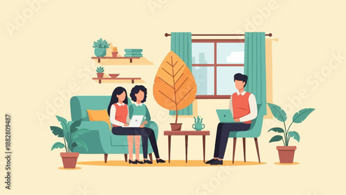 Cozy living room scene with three people and plants