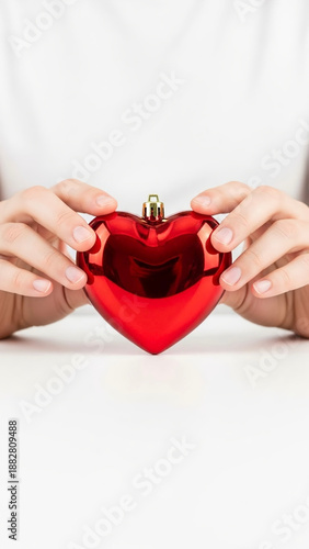 Hands holding a red heart-shaped box on a white background  