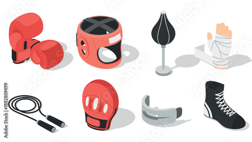 Boxing equipment collection: gloves, mouth guard, punching bag, and more in isometric style