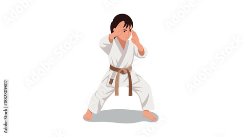 Young martial artist in defensive karate pose on white background