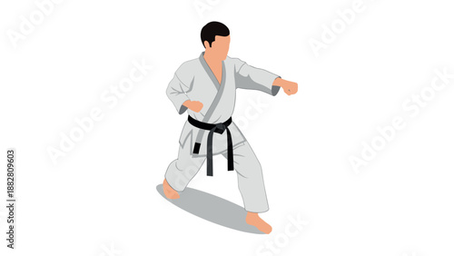 Karate practitioner performing a punch in white gi with black belt