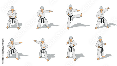 Isometric karate poses set with martial arts action moves in white gi