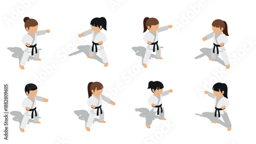 Isometric karate characters in various poses on white background